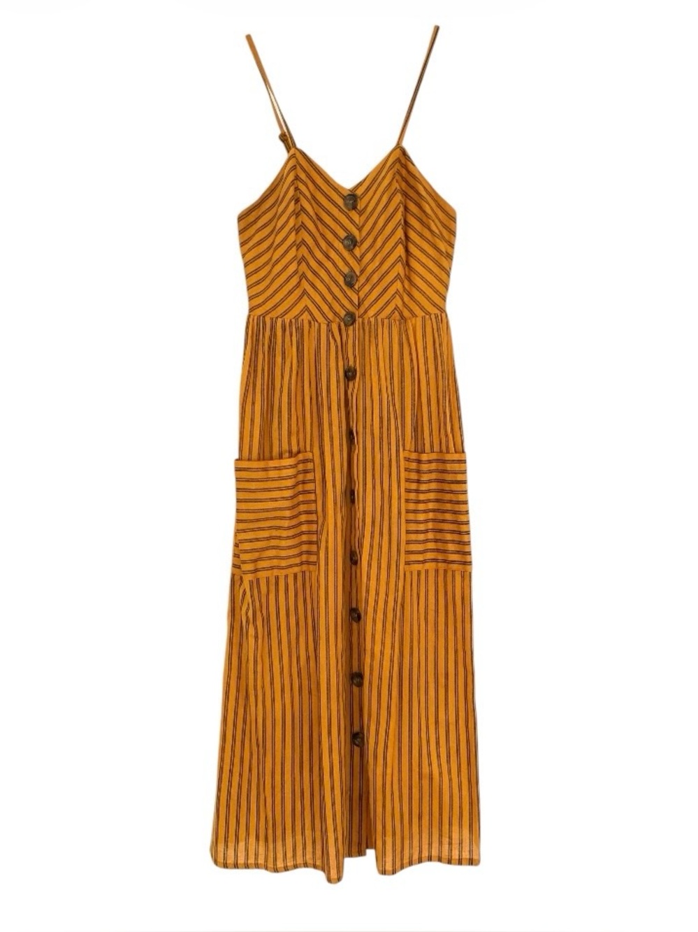 Japna Earthy Cottagecore Mustard Yellow Striped Cotton Midi Dress Smocked Sz XS